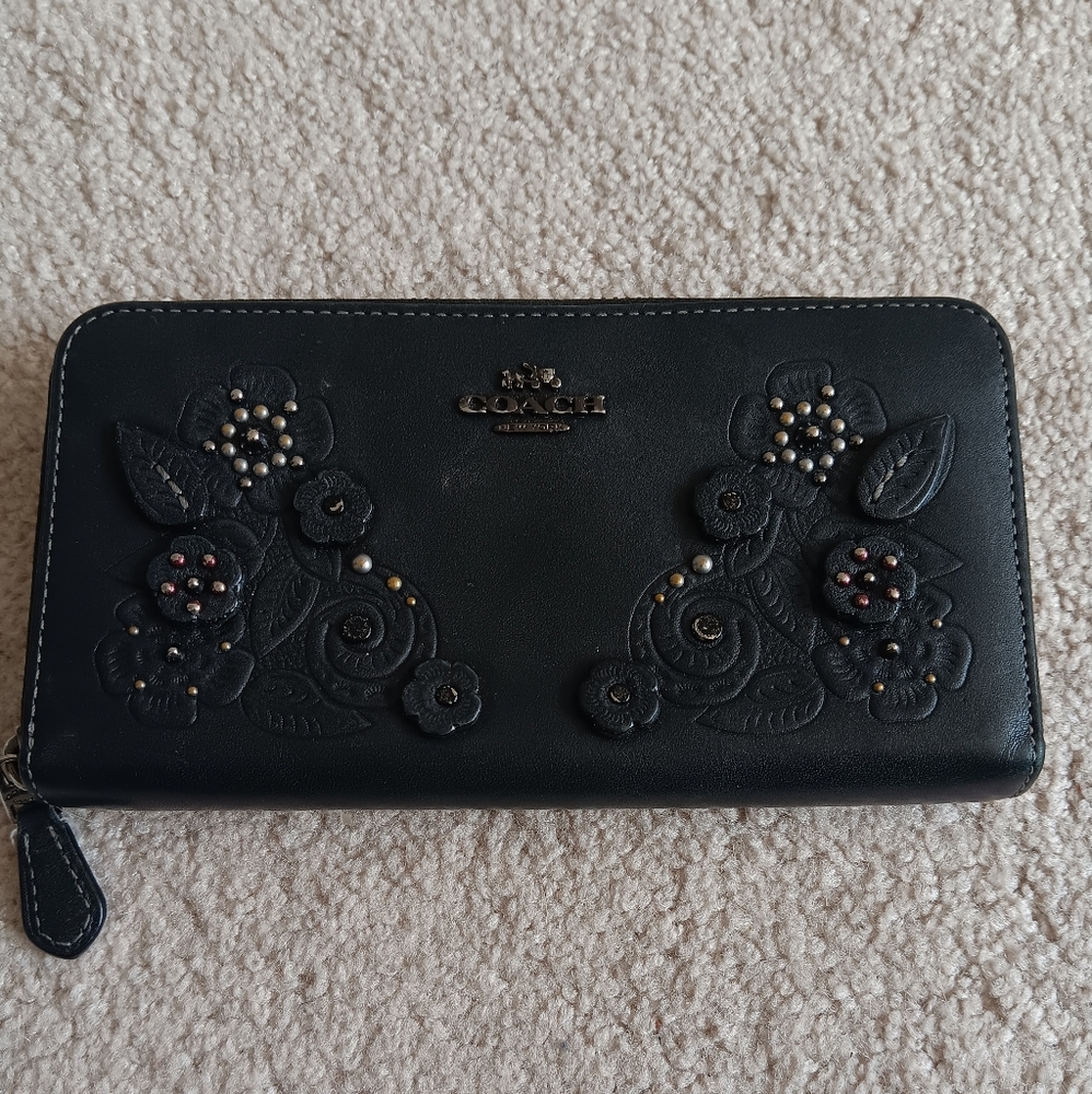 Coach Wallet - Black w/ flower pop-up accents with studs on front